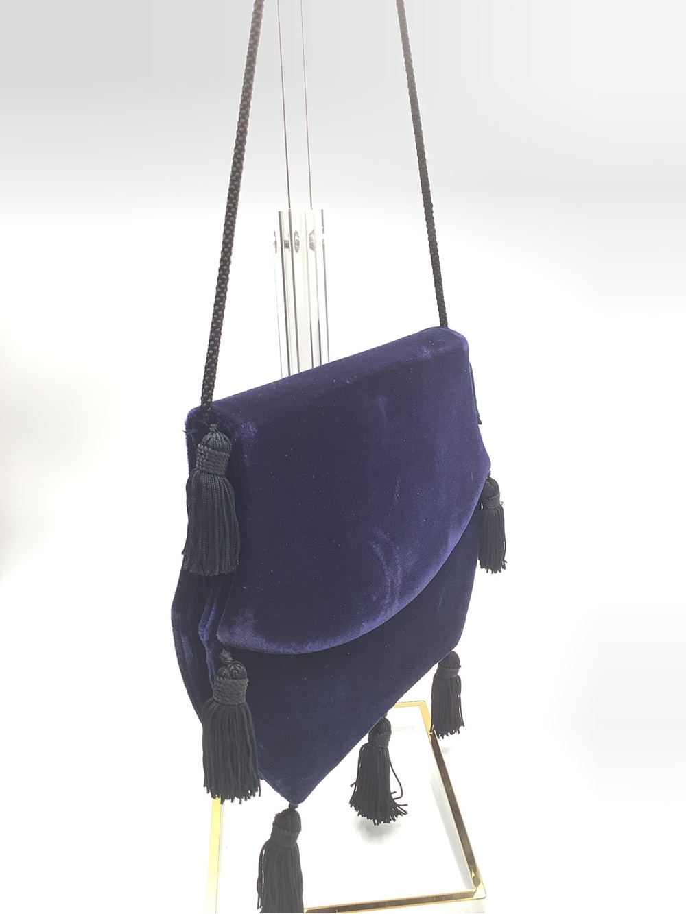 Yves Saint Laurent Blue Velvet Flap Bag with Black Tassels and Cord Strap - Picture 6 of 10